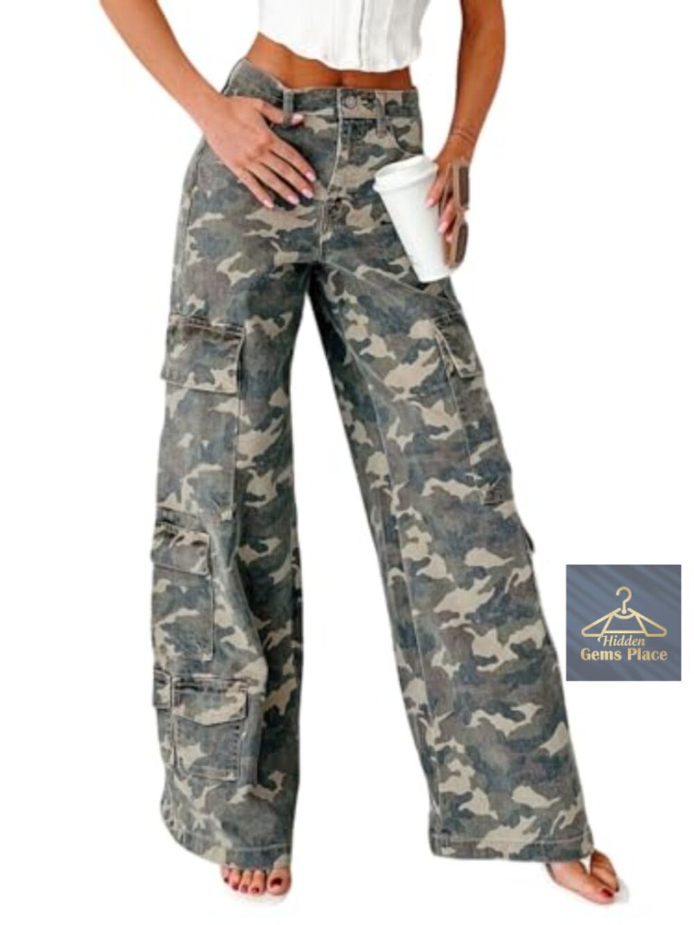 Vintage Camo Print Wide Leg Cargo Jeans with Pockets - Y2K Denim Pants